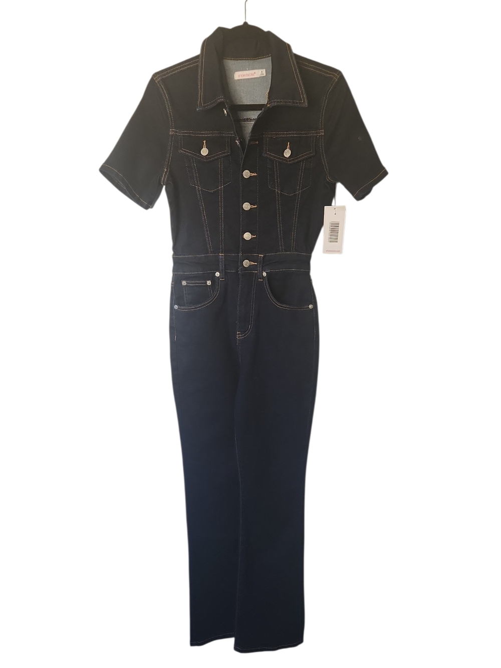 NWT ShoeDazzle Dark Wash Short Sleeve Denim Blend Jumpsuit Size S